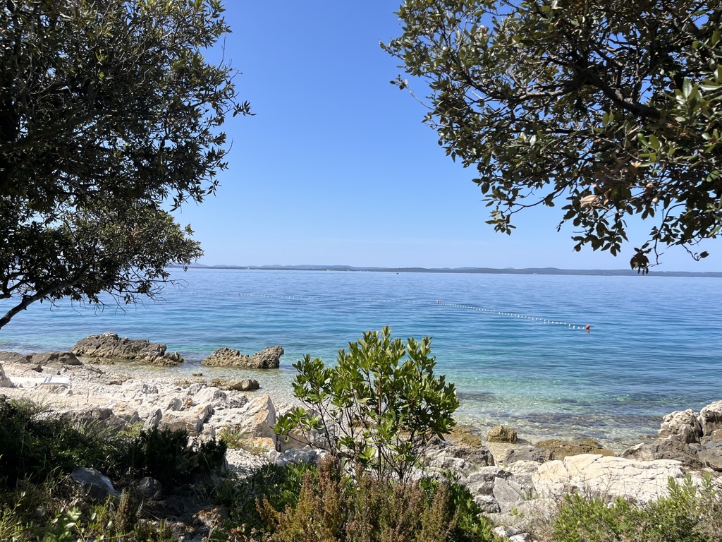 Küste in Dalmatien, Norddalmatien, mit kristallklarem Meer und Felsen, umrahmt von mediterranen Bäumen